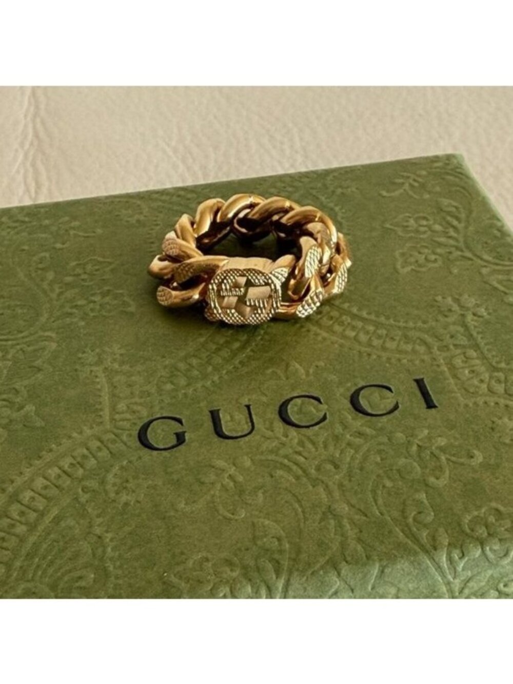 NEW GUCCI Metal Interlocking Interlocking Gourmette Chain Ring Sz S 52 6 Gold - Picture 4 of 8